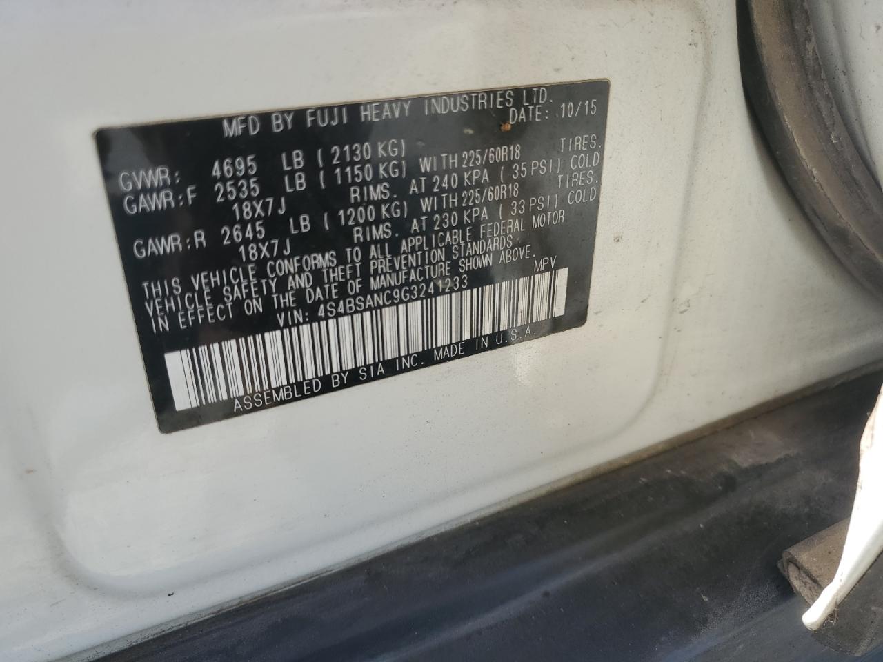 2016 Subaru Outback 2.5I Limited VIN: 4S4BSANC9G3241233 Lot: 62134814