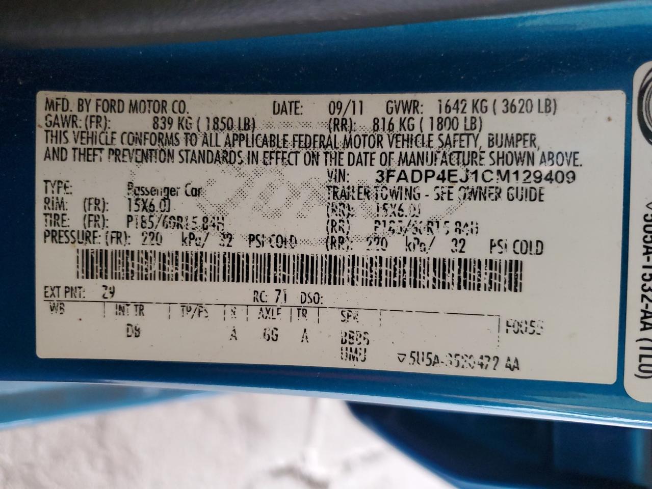 2012 Ford Fiesta Se VIN: 3FADP4EJ1CM129409 Lot: 63205024