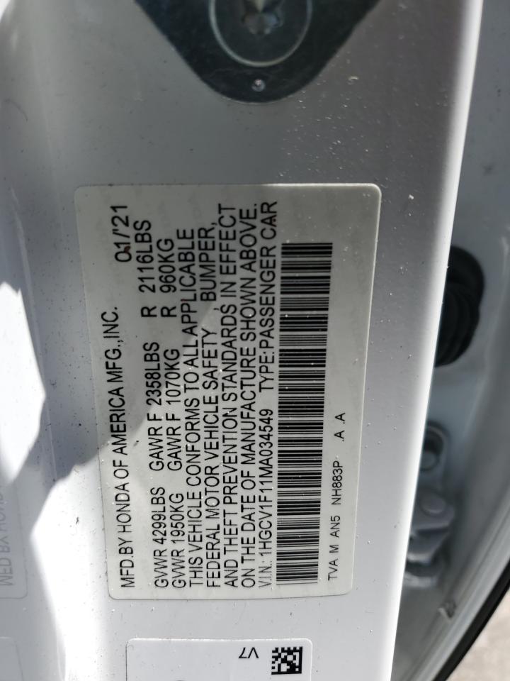 2021 Honda Accord Lx VIN: 1HGCV1F11MA034549 Lot: 63845864