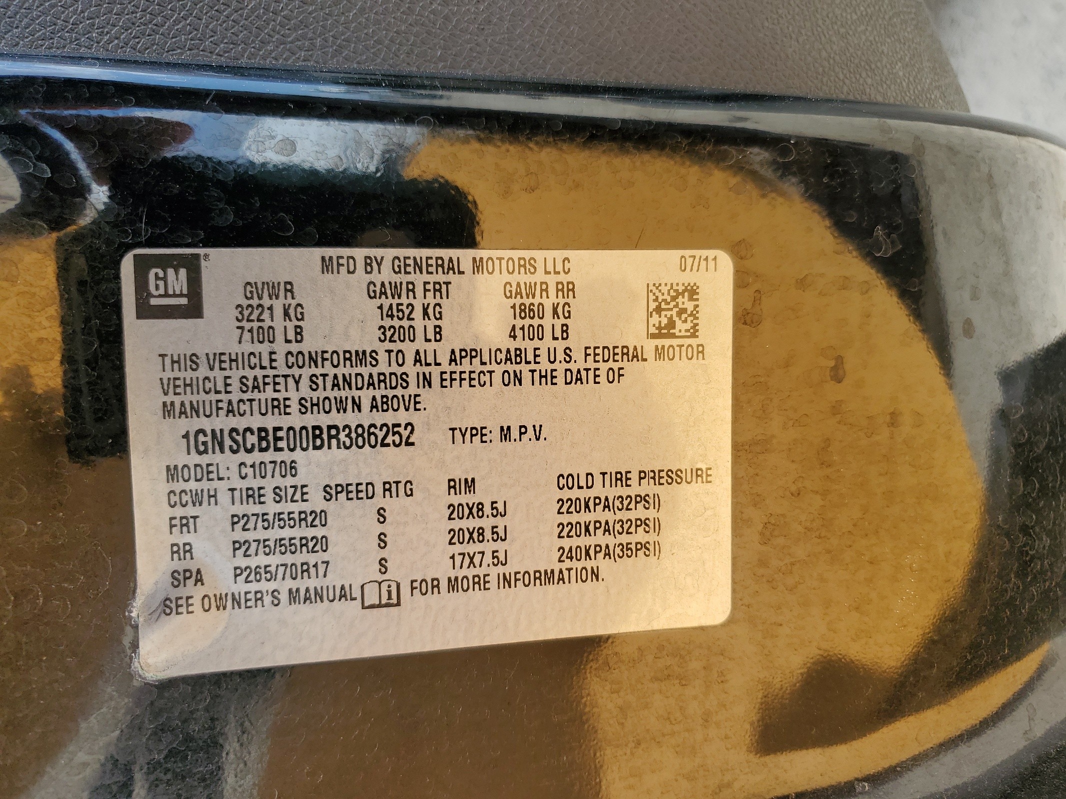 1GNSCBE00BR386252 2011 Chevrolet Tahoe C1500 Lt