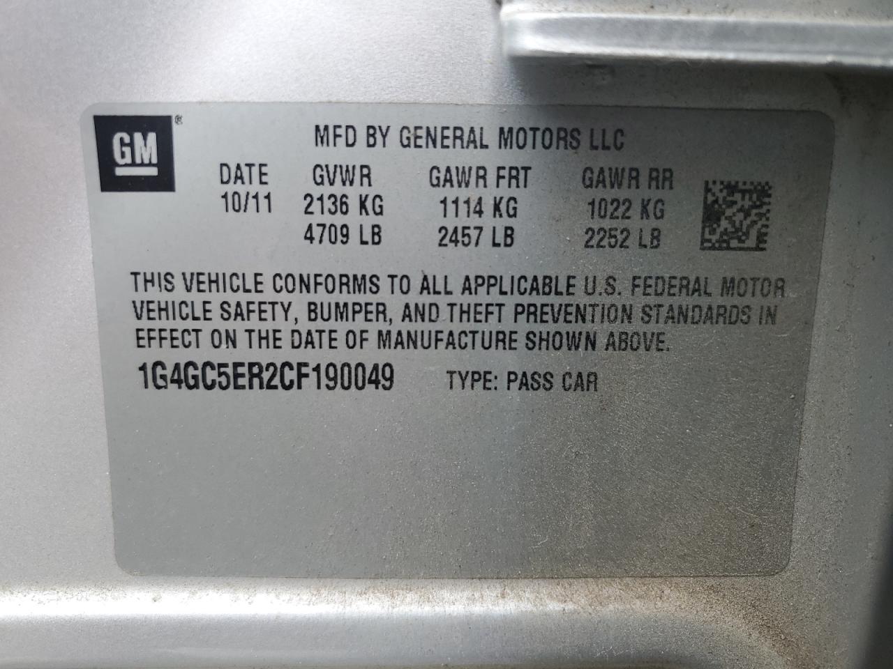 2012 Buick Lacrosse VIN: 1G4GC5ER2CF190049 Lot: 61751084