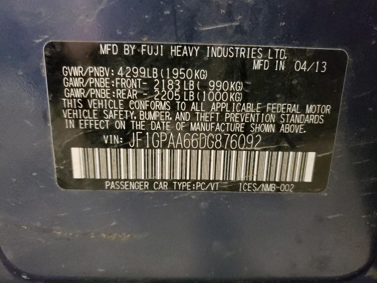 2013 Subaru Impreza VIN: JF1GPAA66DG876092 Lot: 62878814