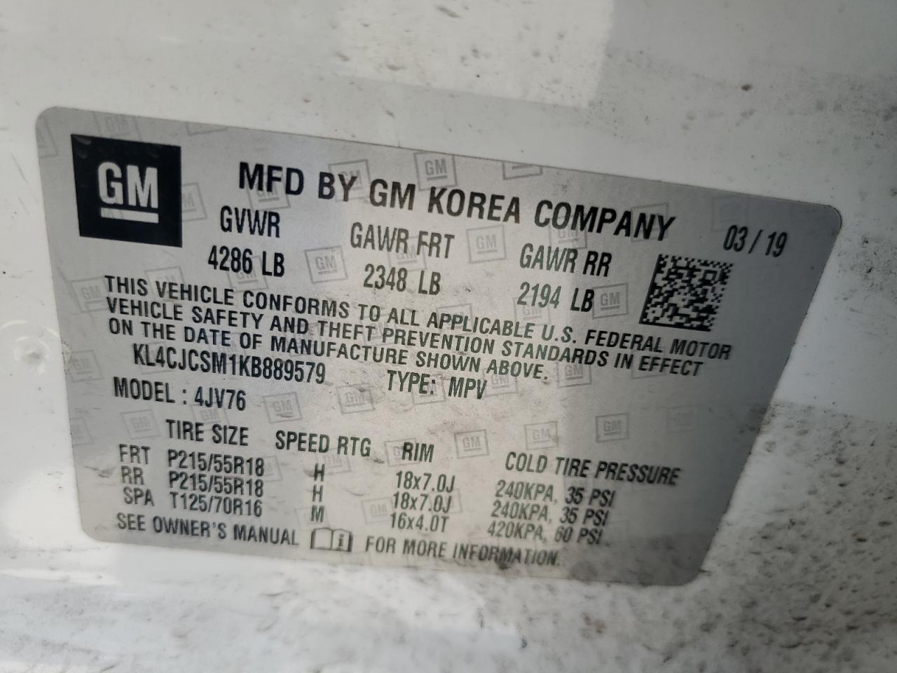 2019 Buick Encore Essence VIN: KL4CJCSM1KB889579 Lot: 65327254