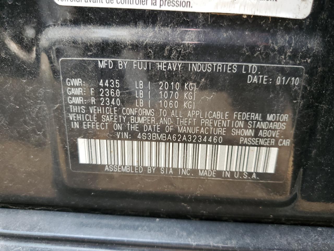 2010 Subaru Legacy 2.5I VIN: 4S3BMBA62A3234460 Lot: 64109164