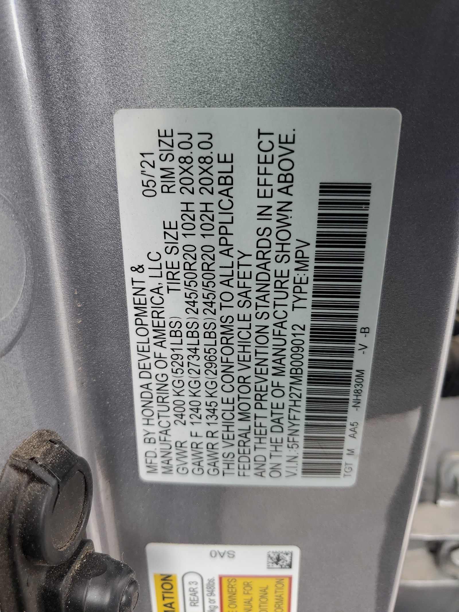 5FNYF7H27MB009012 2021 Honda Passport Sport