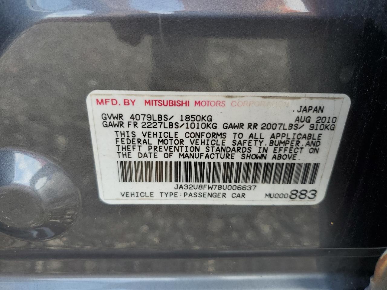 2011 Mitsubishi Lancer Gts VIN: JA32U8FW7BU006637 Lot: 63390594