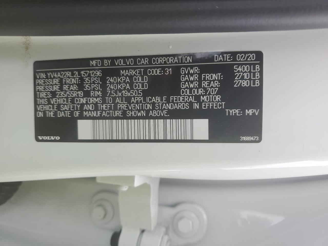 YV4A22RL2L1571296 2020 Volvo Xc60 T6 Inscription