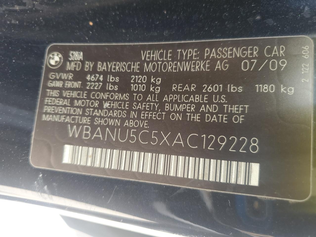 2010 BMW 528 I VIN: WBANU5C5XAC129228 Lot: 62809234