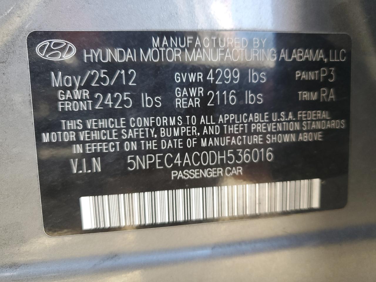 2013 Hyundai Sonata Se VIN: 5NPEC4AC0DH536016 Lot: 63723014