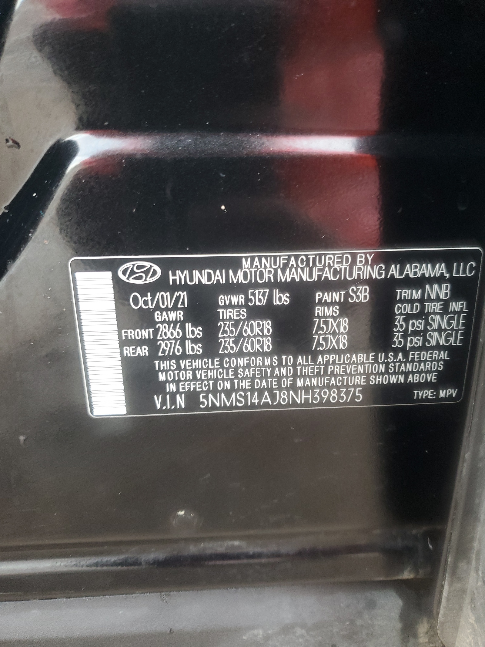 5NMS14AJ8NH398375 2022 Hyundai Santa Fe Se