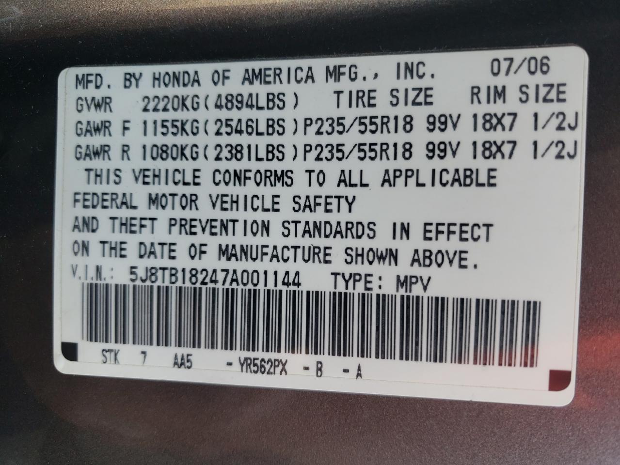 2007 Acura Rdx VIN: 5J8TB18247A001144 Lot: 62357854