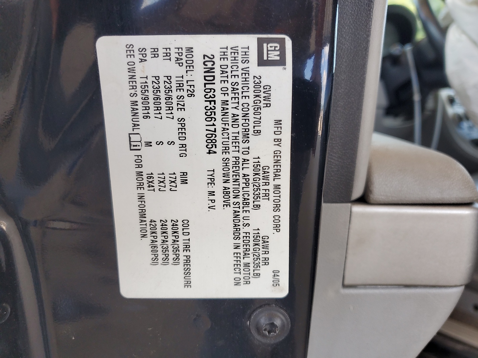 2CNDL63F356176854 2005 Chevrolet Equinox Lt