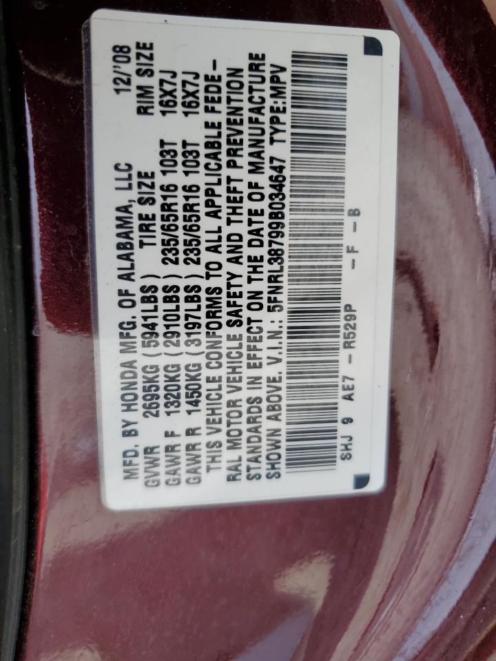 2009 Honda Odyssey Exl VIN: 5FNRL38799B034647 Lot: 62922764