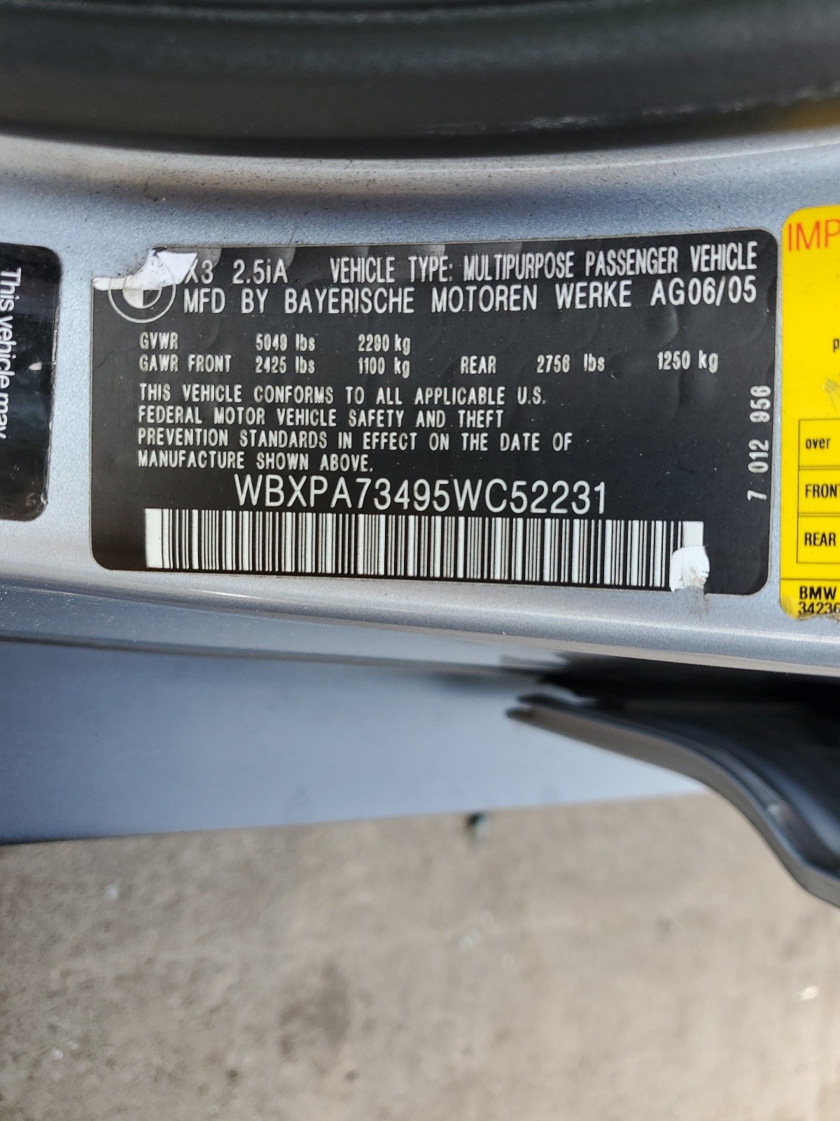 WBXPA73495WC52231 2005 BMW X3 2.5I