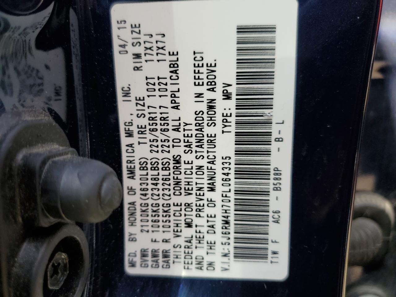 5J6RM4H70FL064335 2015 Honda Cr-V Exl