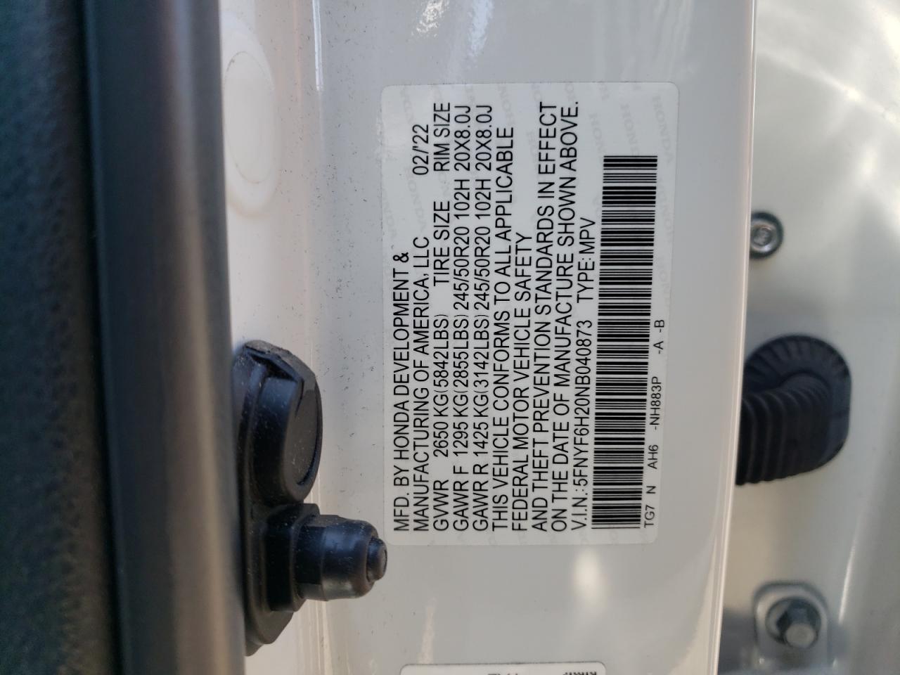 2022 Honda Pilot Se VIN: 5FNYF6H20NB040873 Lot: 64134074