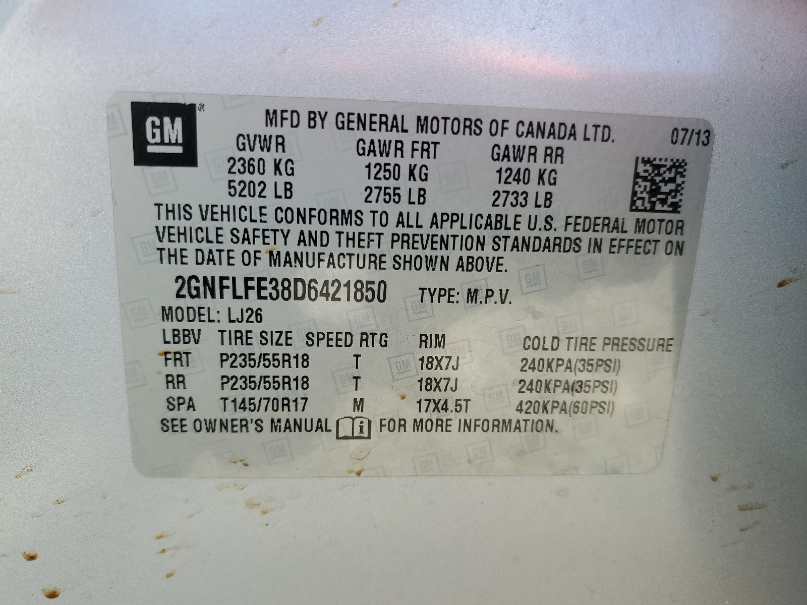 2GNFLFE38D6421850 2013 Chevrolet Equinox Ltz