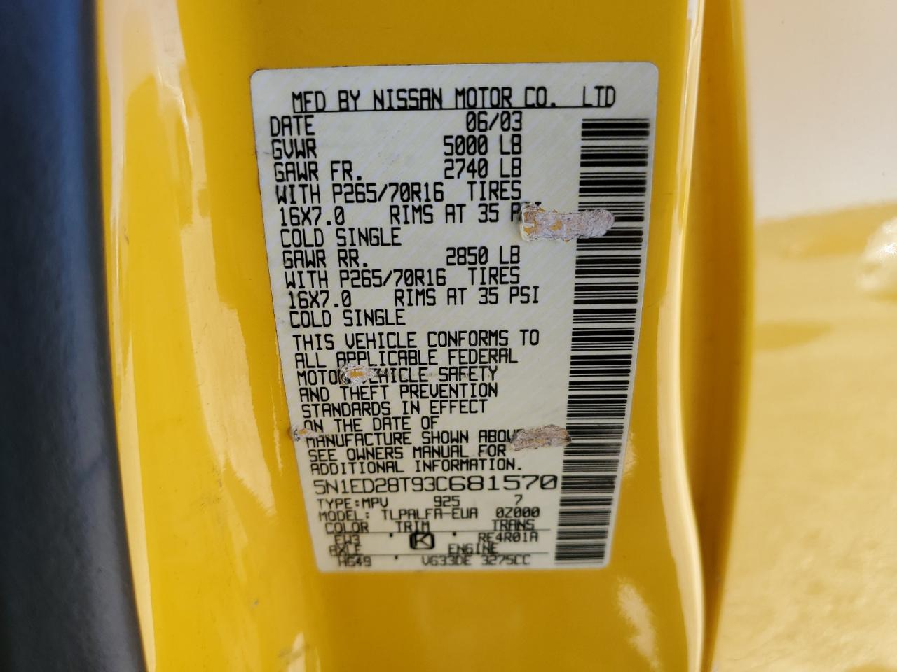 2003 Nissan Xterra Xe VIN: 5N1ED28T93C681570 Lot: 60545534