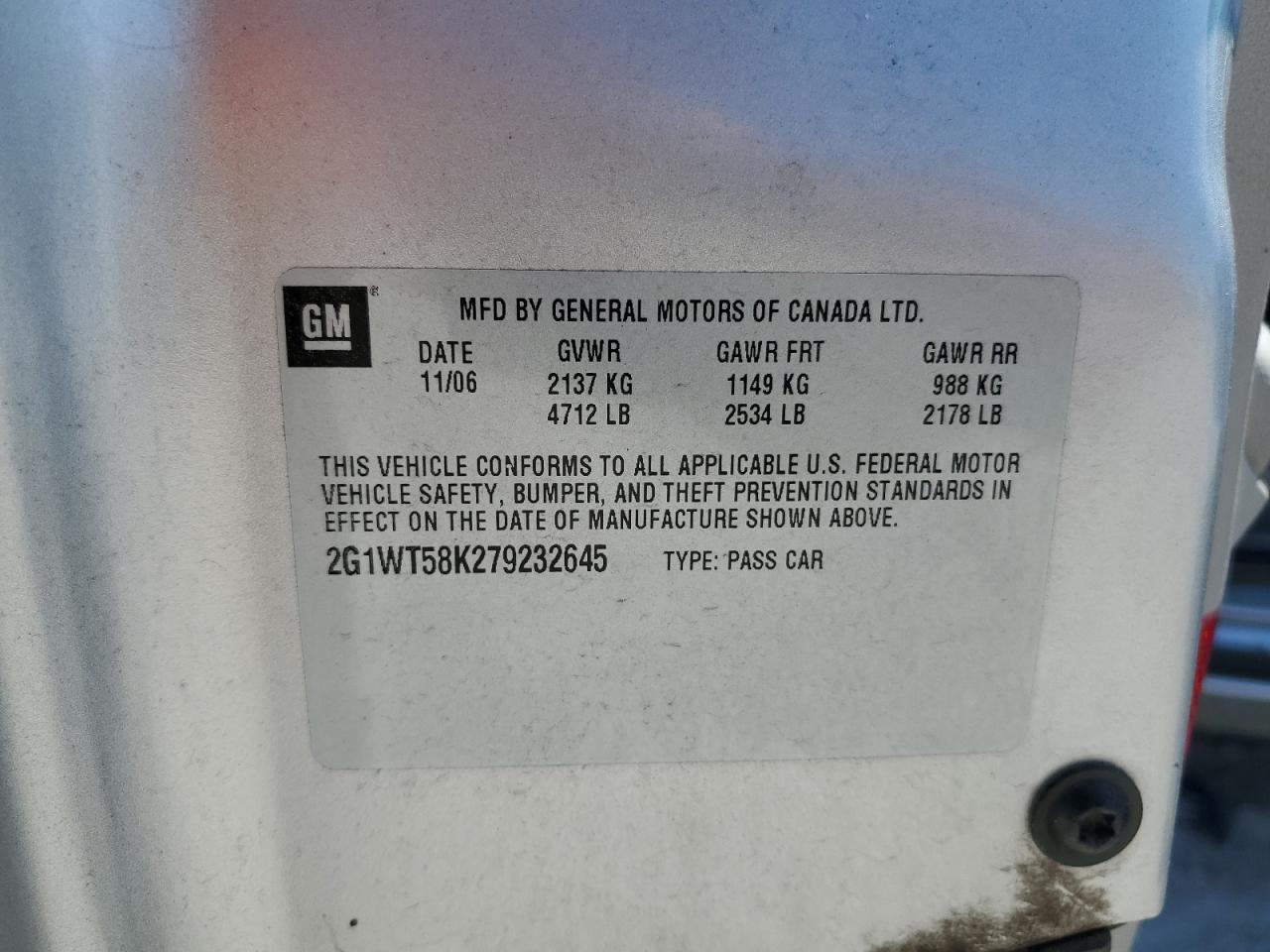 2007 Chevrolet Impala Lt VIN: 2G1WT58K279232645 Lot: 59888374