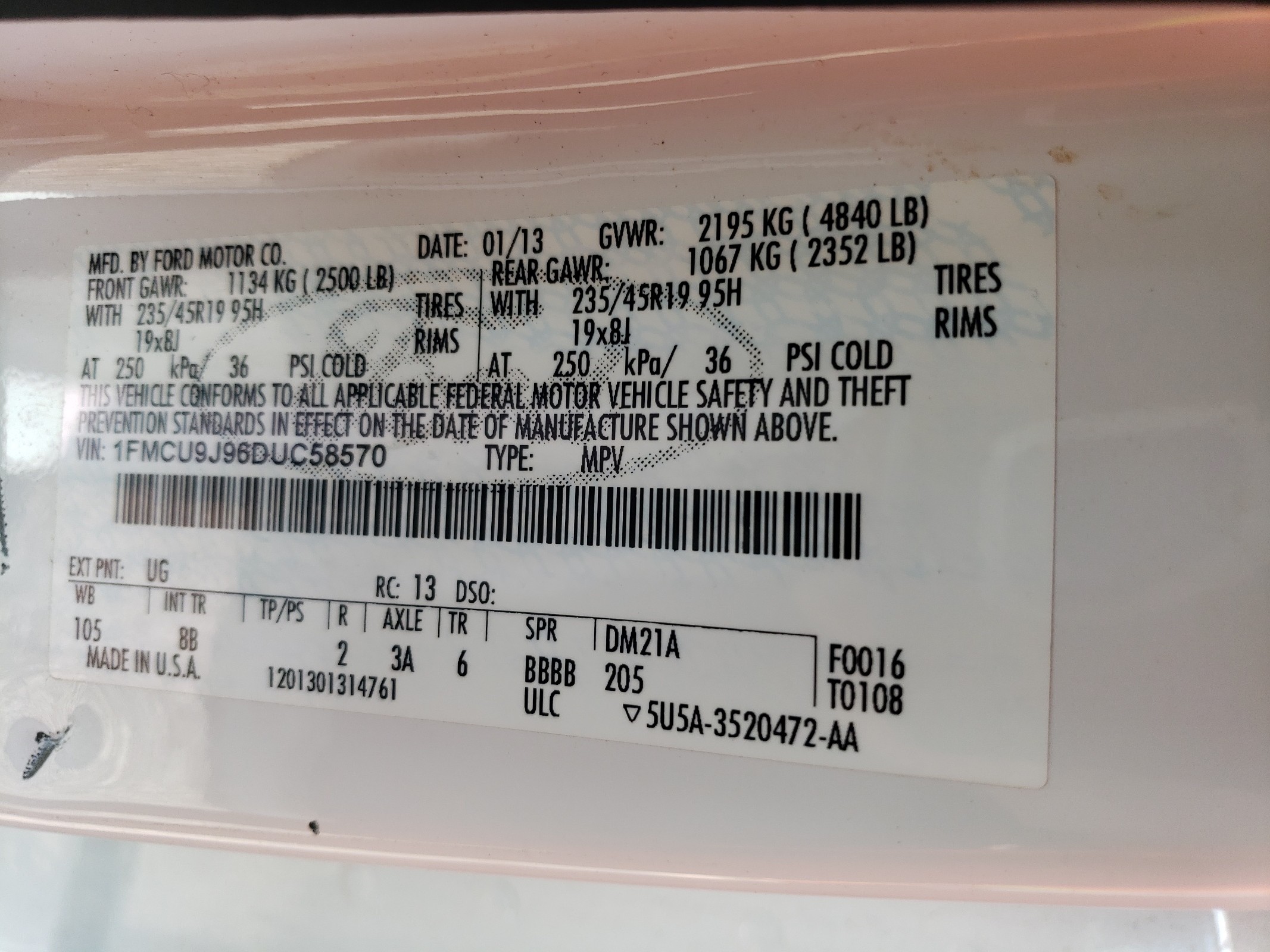 1FMCU9J96DUC58570 2013 Ford Escape Titanium