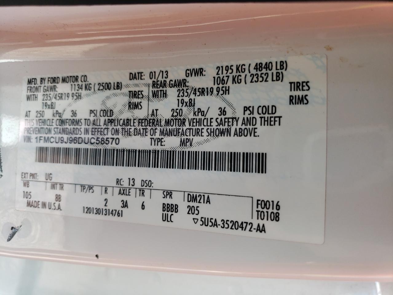 2013 Ford Escape Titanium VIN: 1FMCU9J96DUC58570 Lot: 60647124