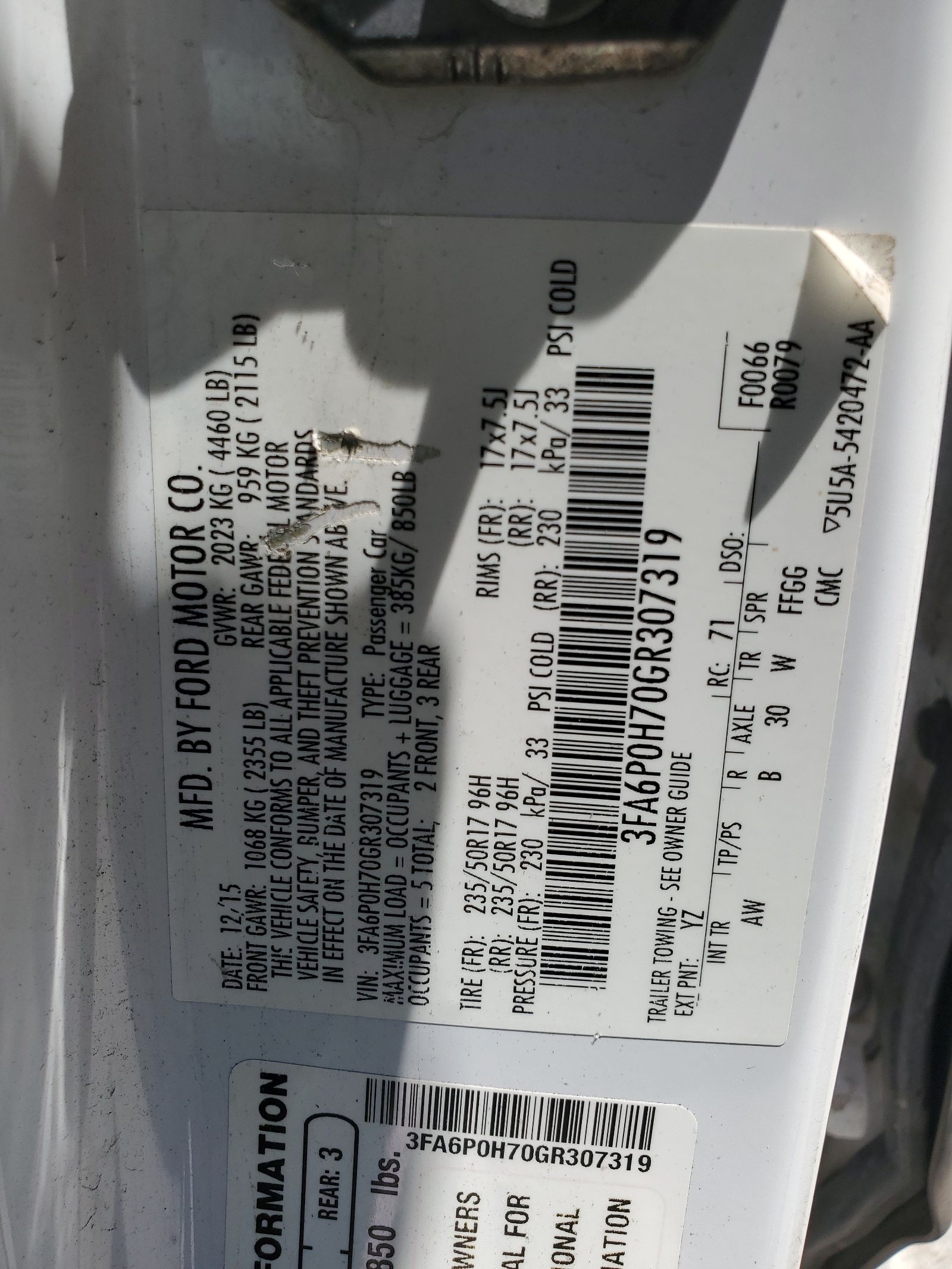 3FA6P0H70GR307319 2016 Ford Fusion Se