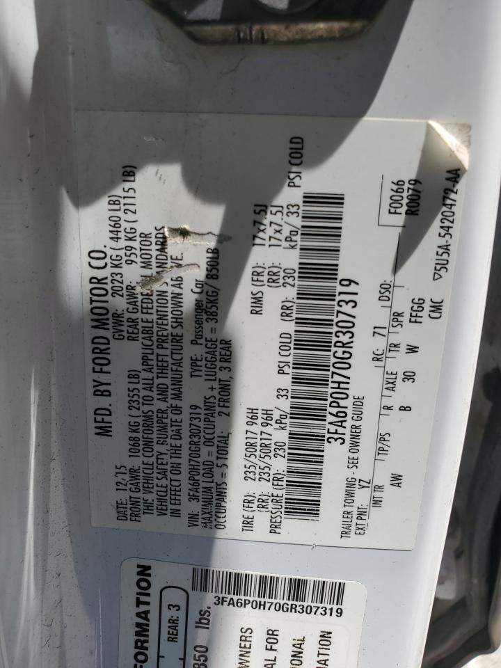 2016 Ford Fusion Se VIN: 3FA6P0H70GR307319 Lot: 63987424