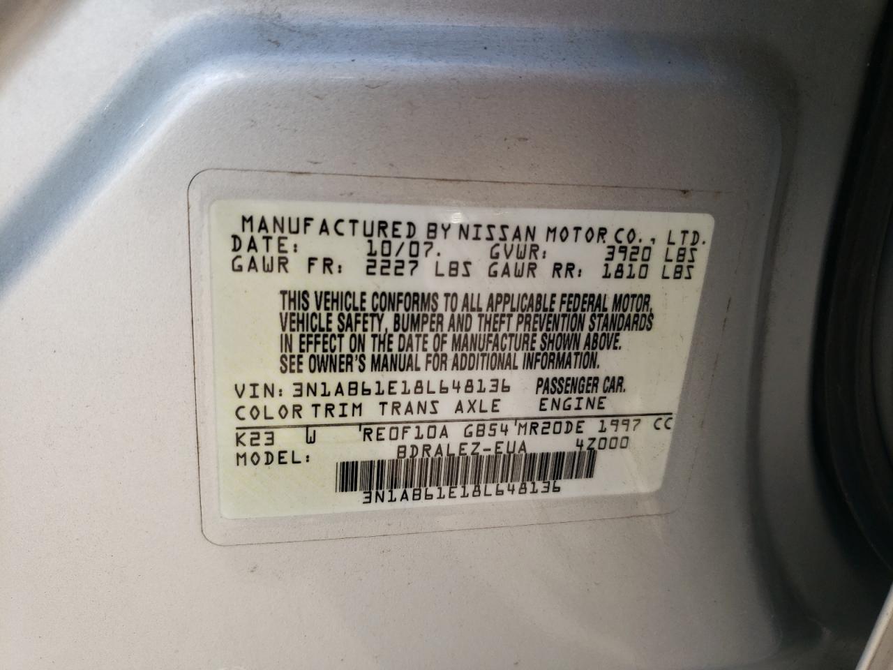 2008 Nissan Sentra 2.0 VIN: 3N1AB61E18L648136 Lot: 64837024