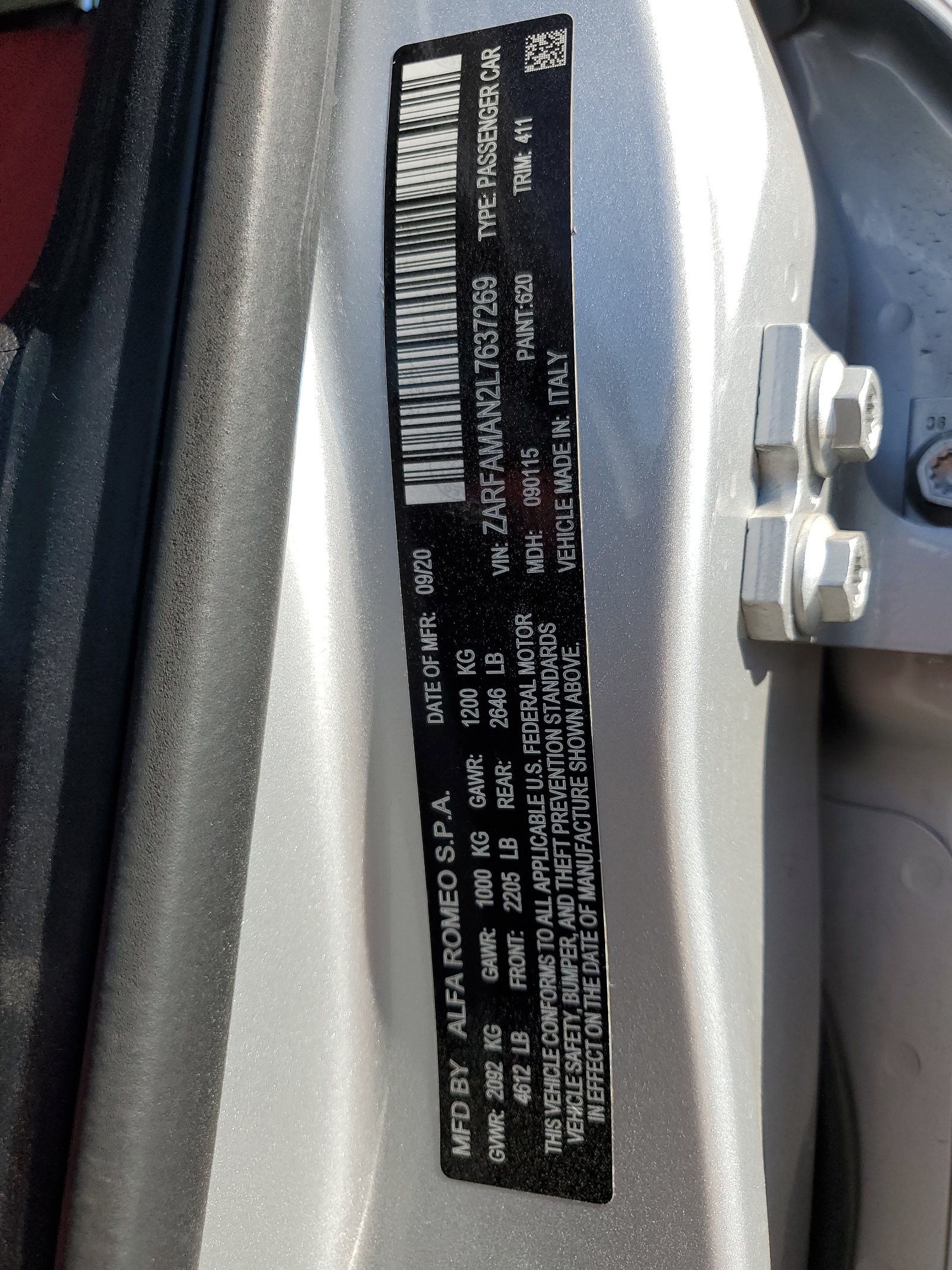 ZARFAMAN2L7637269 2020 Alfa Romeo Giulia