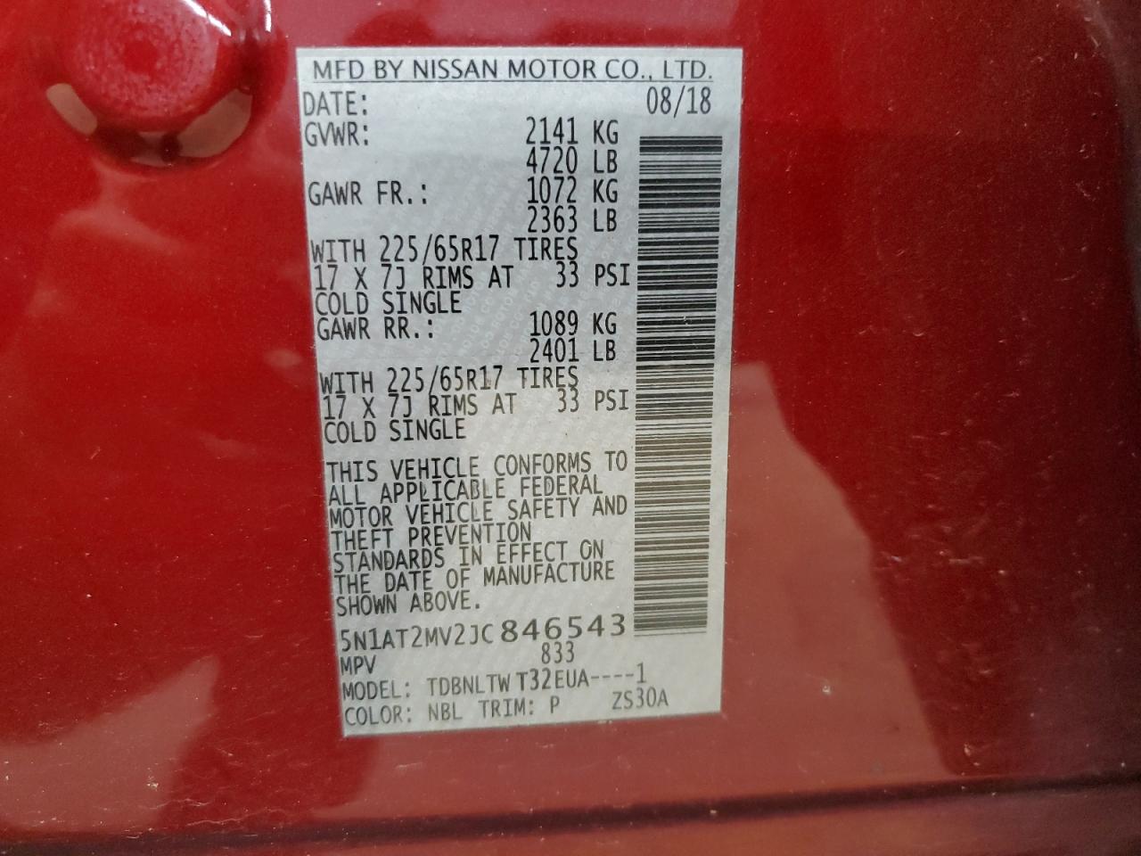 2018 Nissan Rogue S VIN: 5N1AT2MV2JC846543 Lot: 63849634