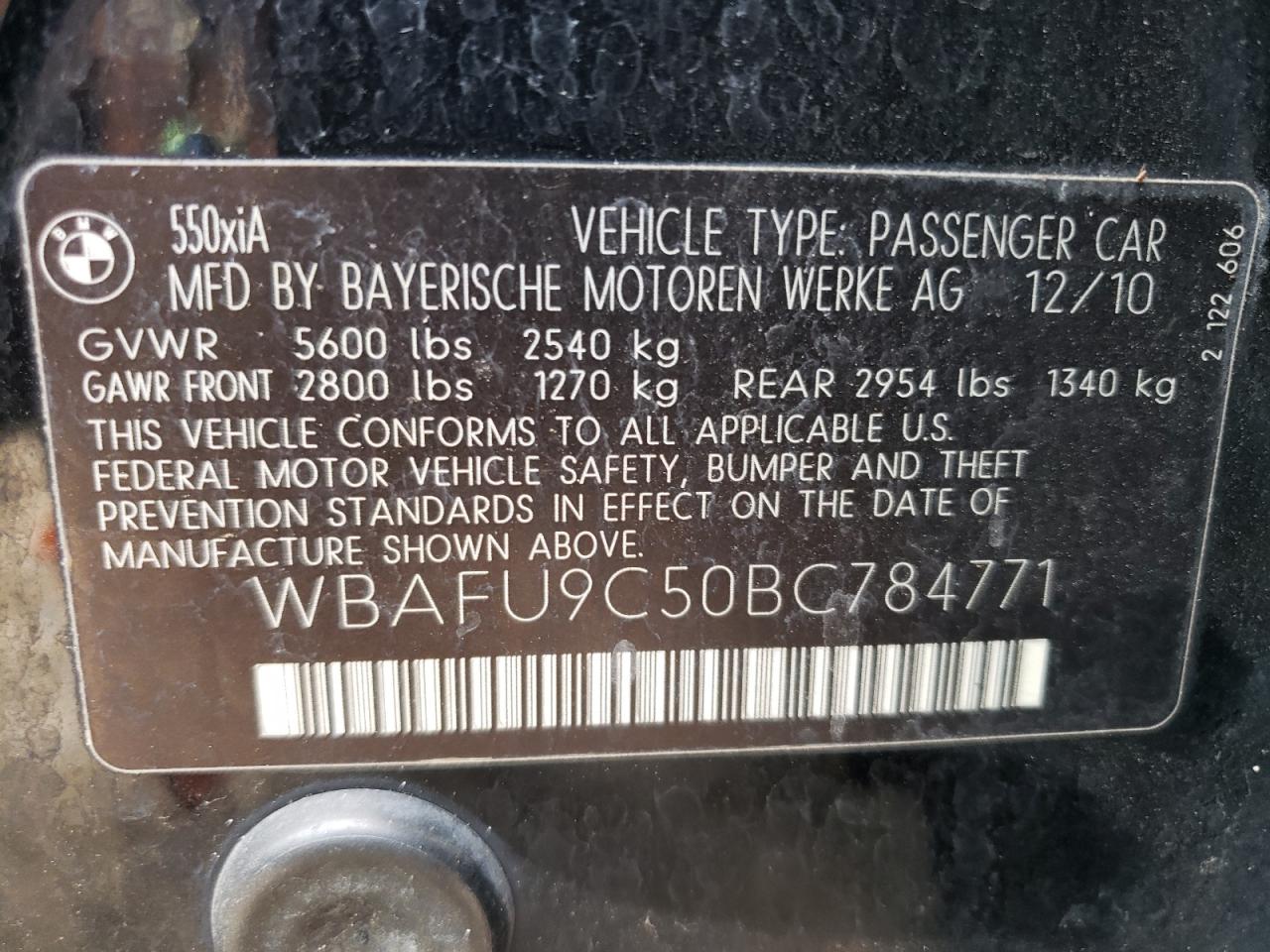 2011 BMW 550 Xi VIN: WBAFU9C50BC784771 Lot: 63629314