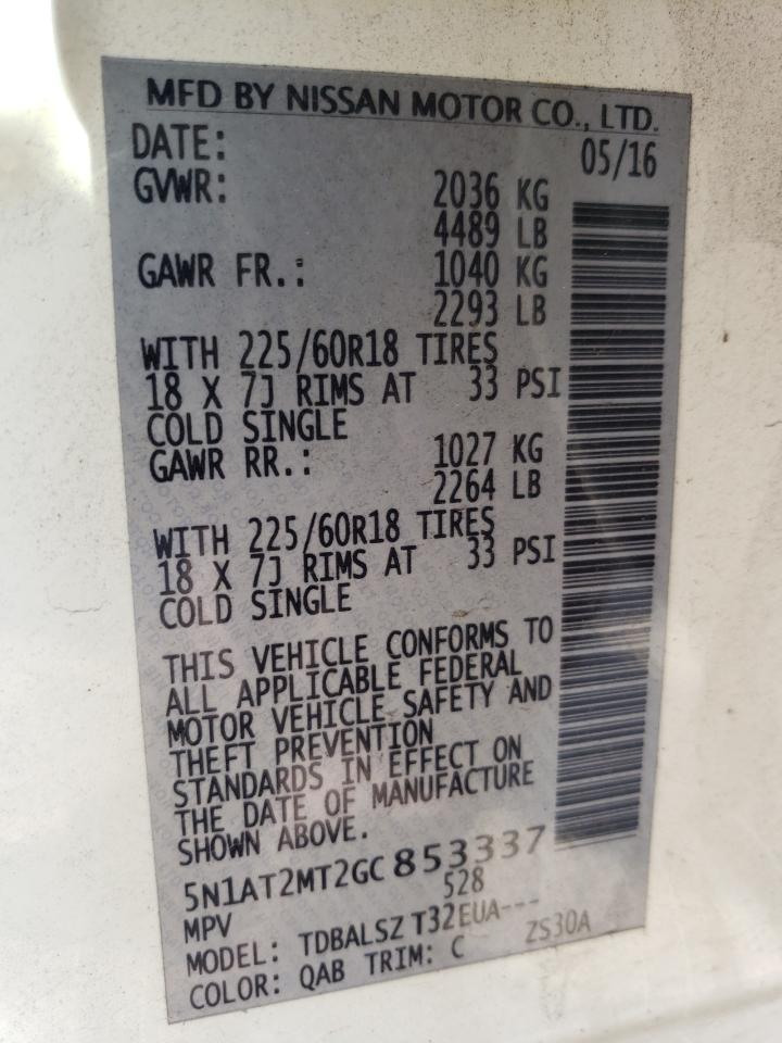 2016 Nissan Rogue S VIN: 5N1AT2MT2GC853337 Lot: 63315954