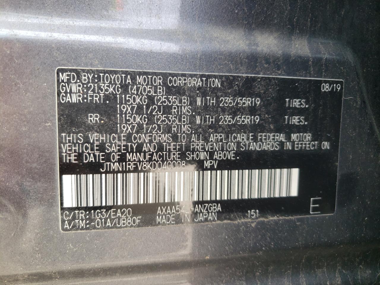 JTMN1RFV8KD040008 2019 Toyota Rav4 Limited