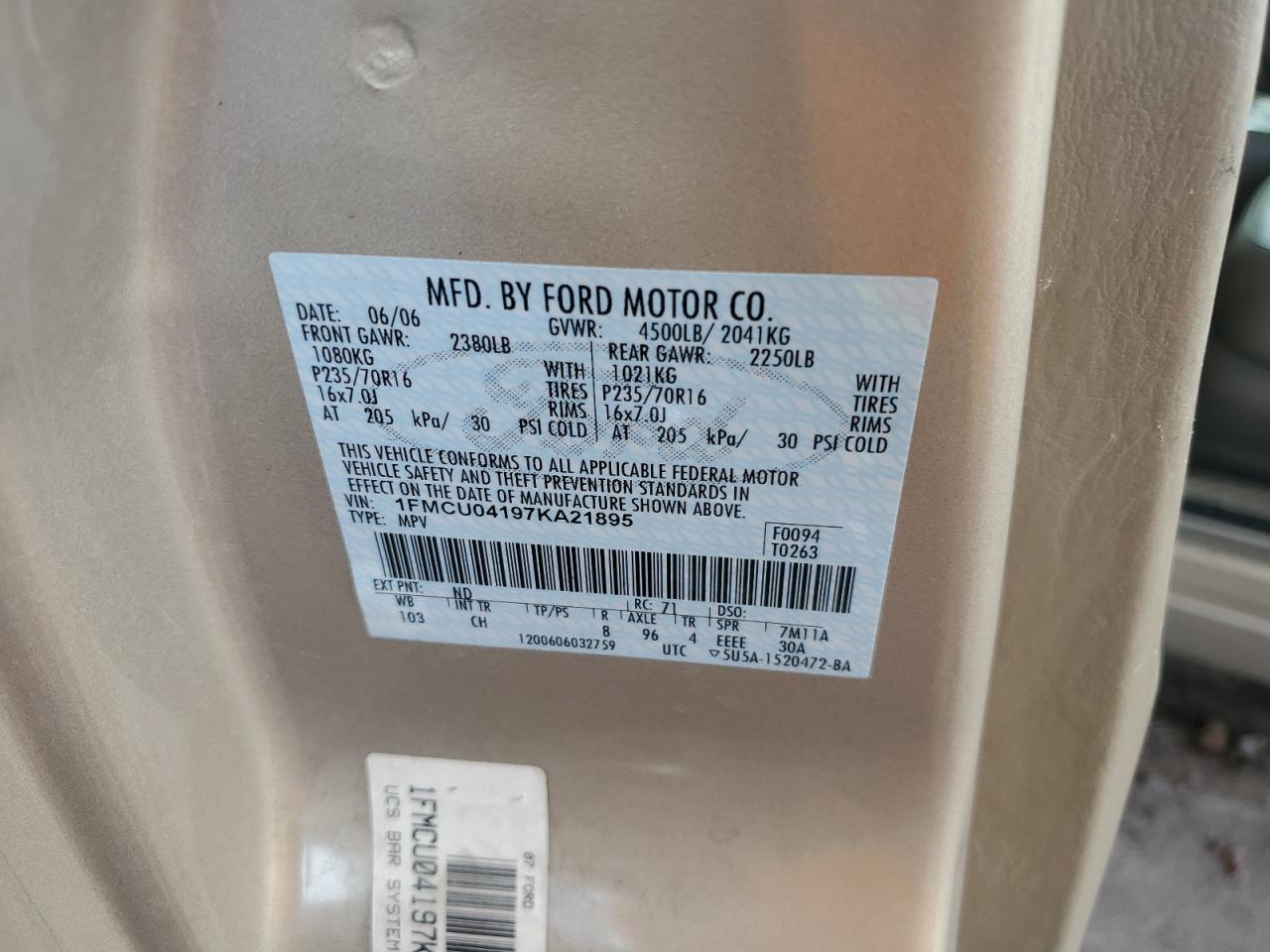 2007 Ford Escape Limited VIN: 1FMCU04197KA21895 Lot: 63543024