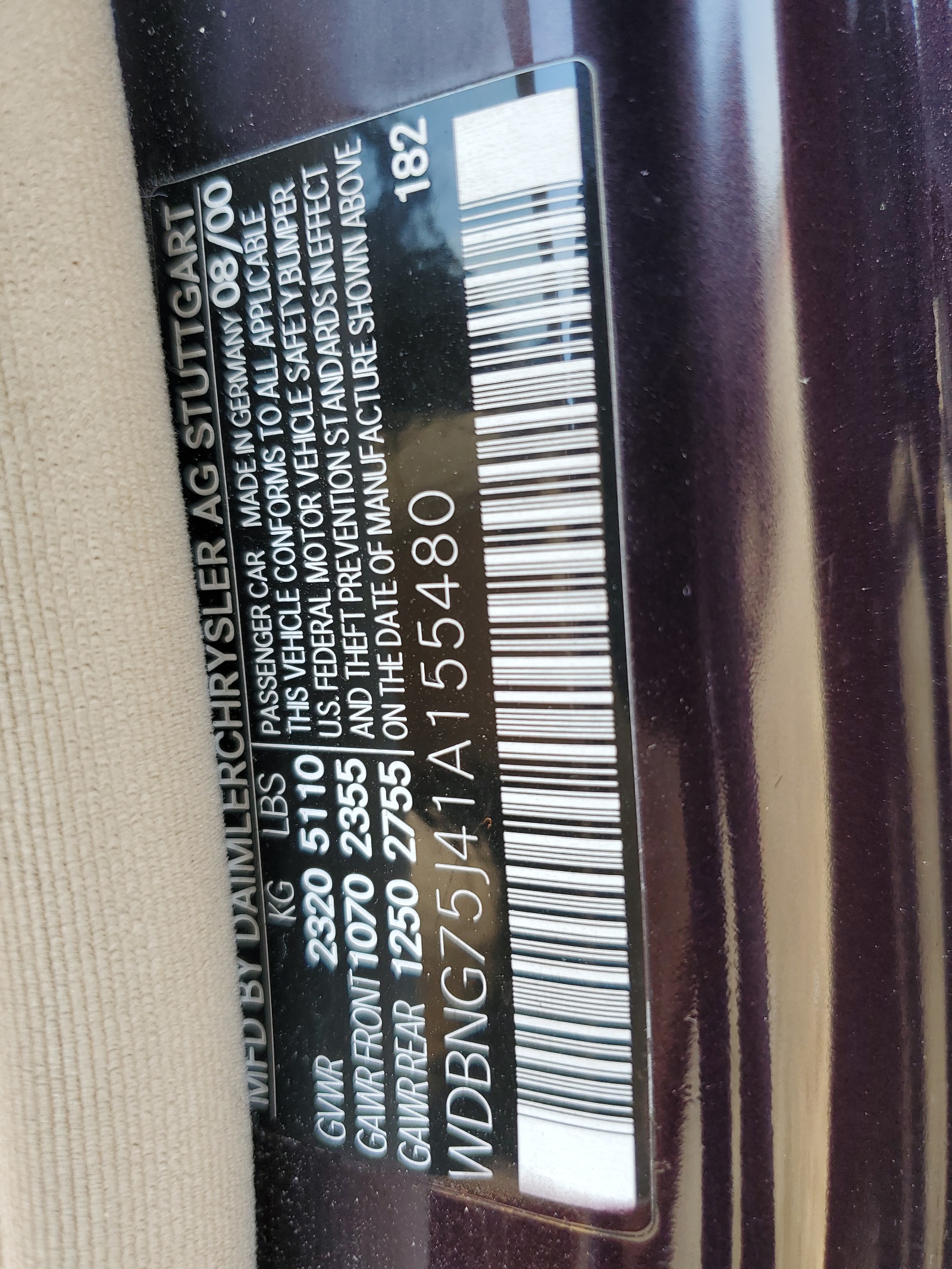 WDBNG75J41A155480 2001 Mercedes-Benz S 500