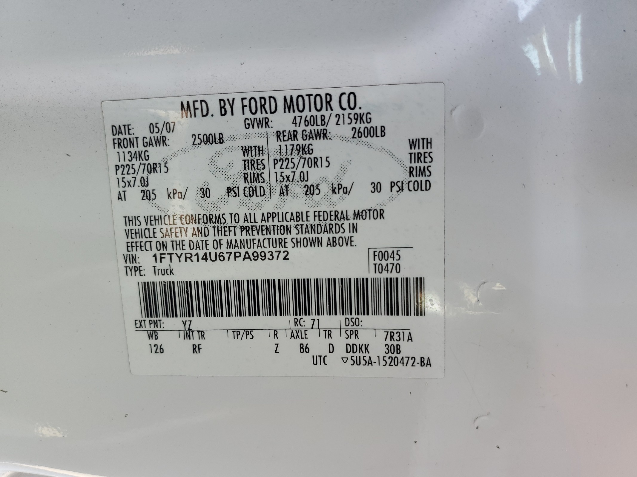 1FTYR14U67PA99372 2007 Ford Ranger Super Cab