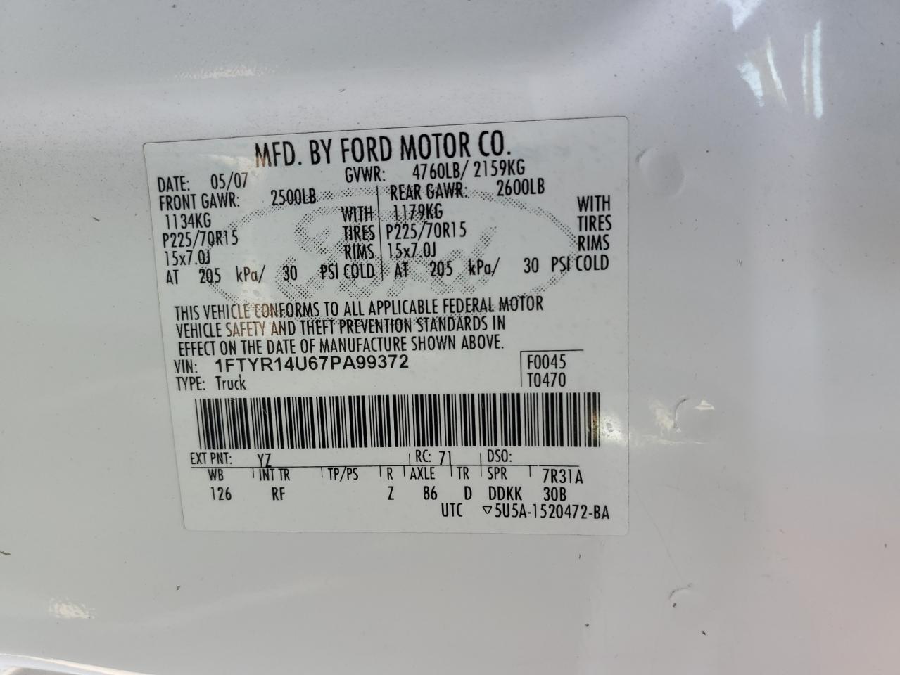 2007 Ford Ranger Super Cab VIN: 1FTYR14U67PA99372 Lot: 64208874