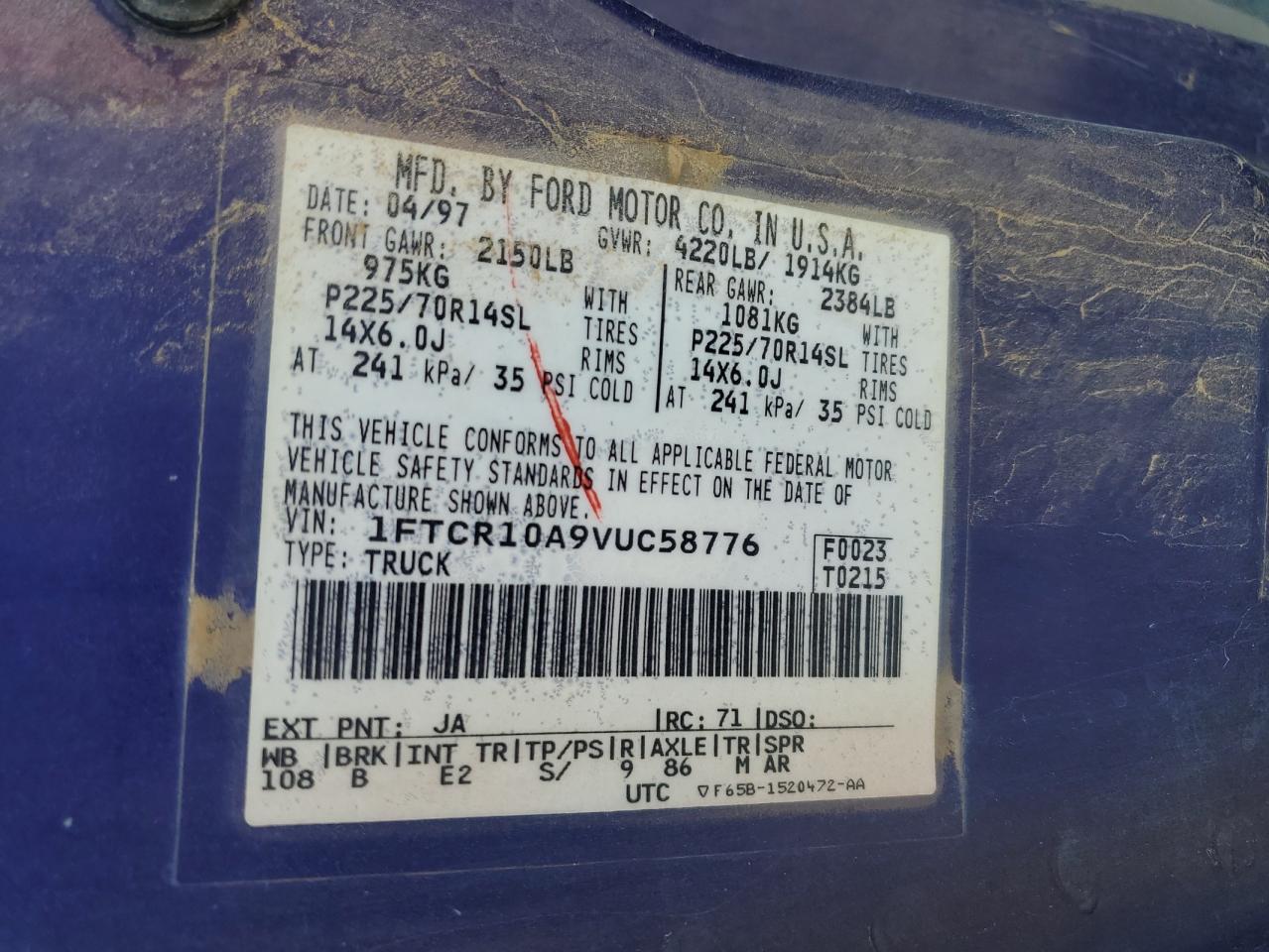 1997 Ford Ranger VIN: 1FTCR10A9VUC58776 Lot: 64271184