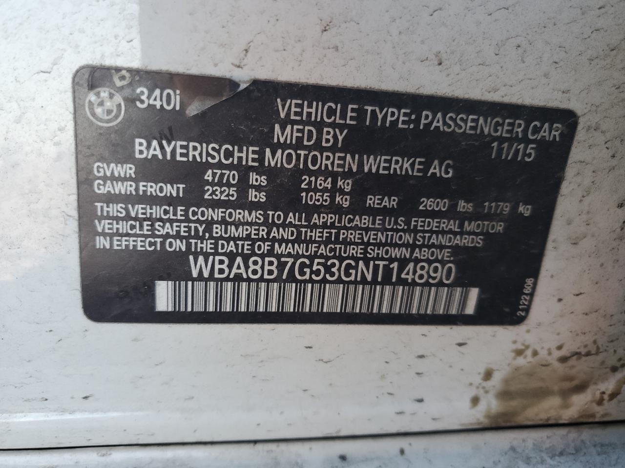 WBA8B7G53GNT14890 2016 BMW 340 Xi