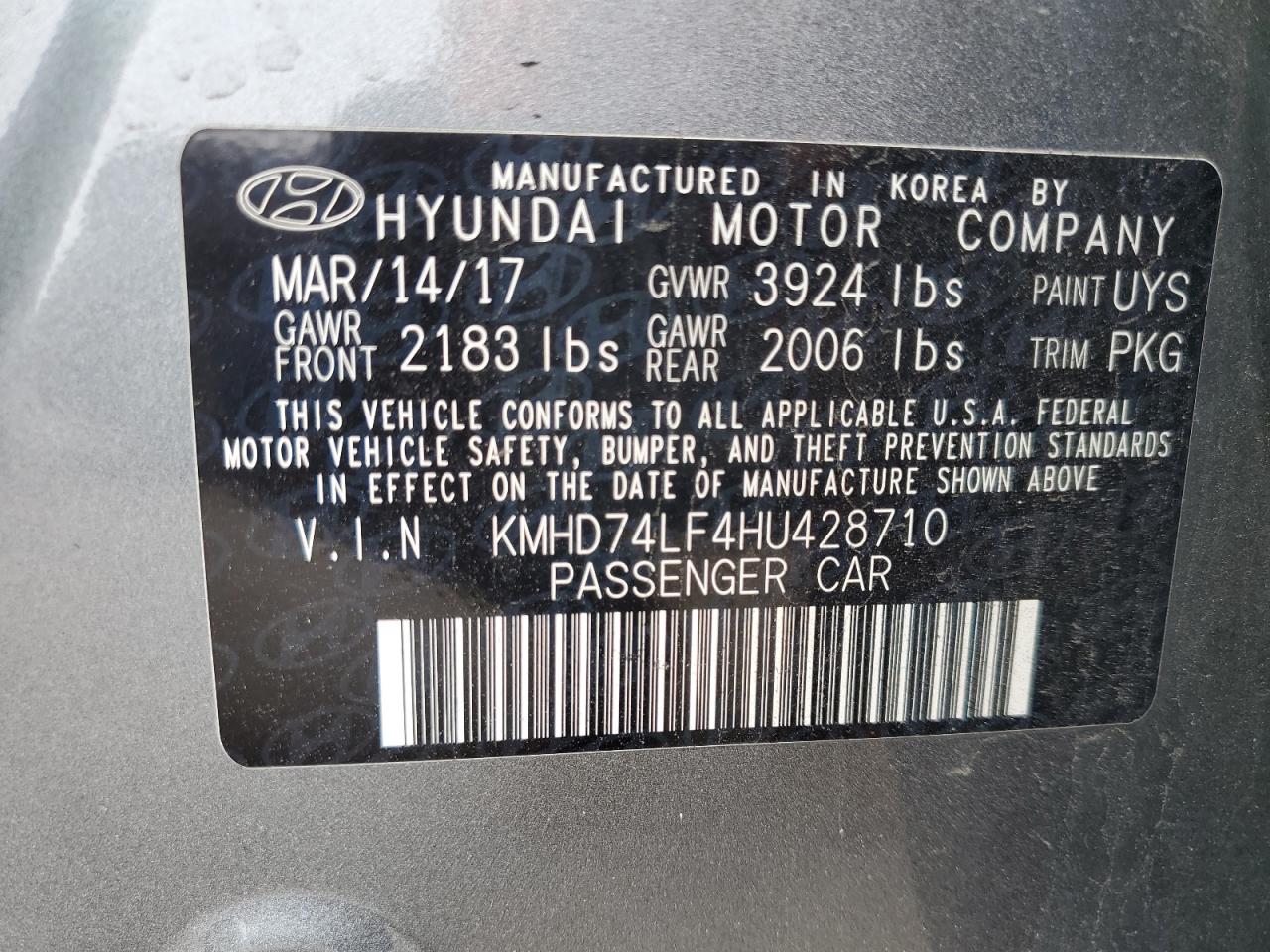 2017 Hyundai Elantra Se VIN: KMHD74LF4HU428710 Lot: 62876704