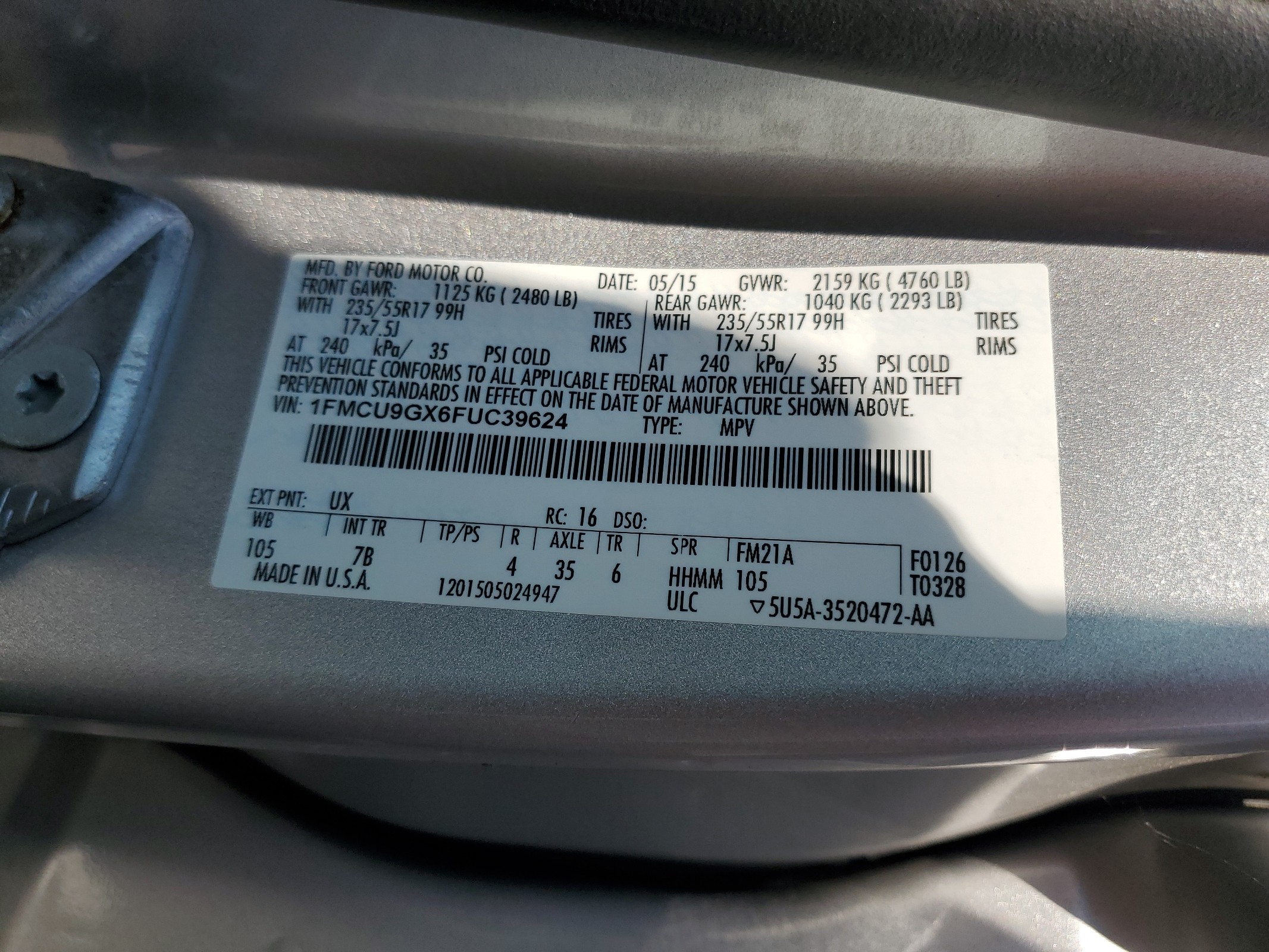 1FMCU9GX6FUC39624 2015 Ford Escape Se