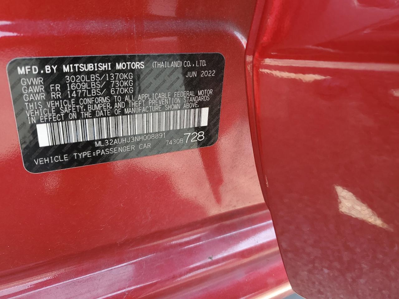 2022 Mitsubishi Mirage Es VIN: ML32AUHJ3NH008891 Lot: 65229884