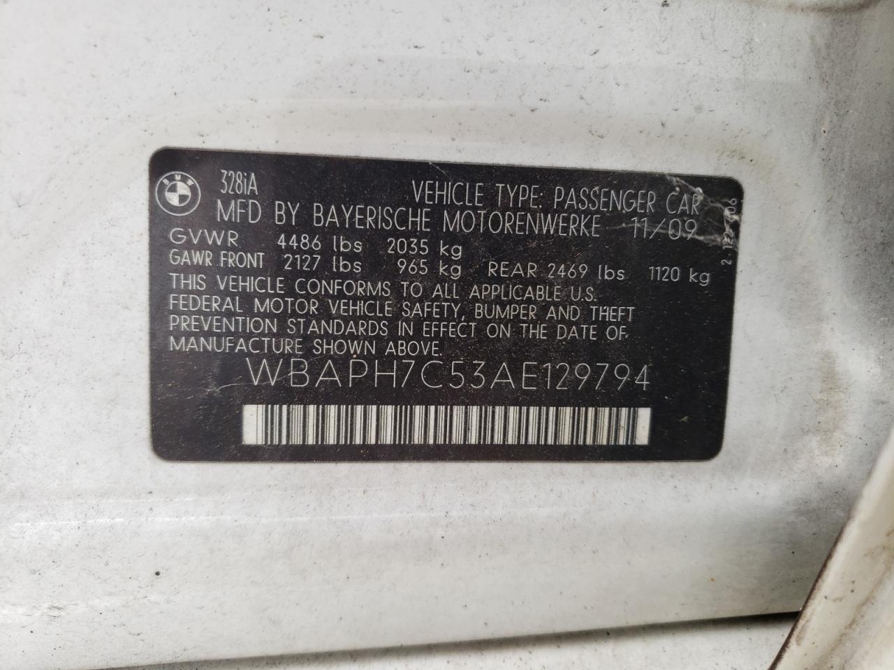 2010 BMW 328 I VIN: WBAPH7C53AE129794 Lot: 63060784