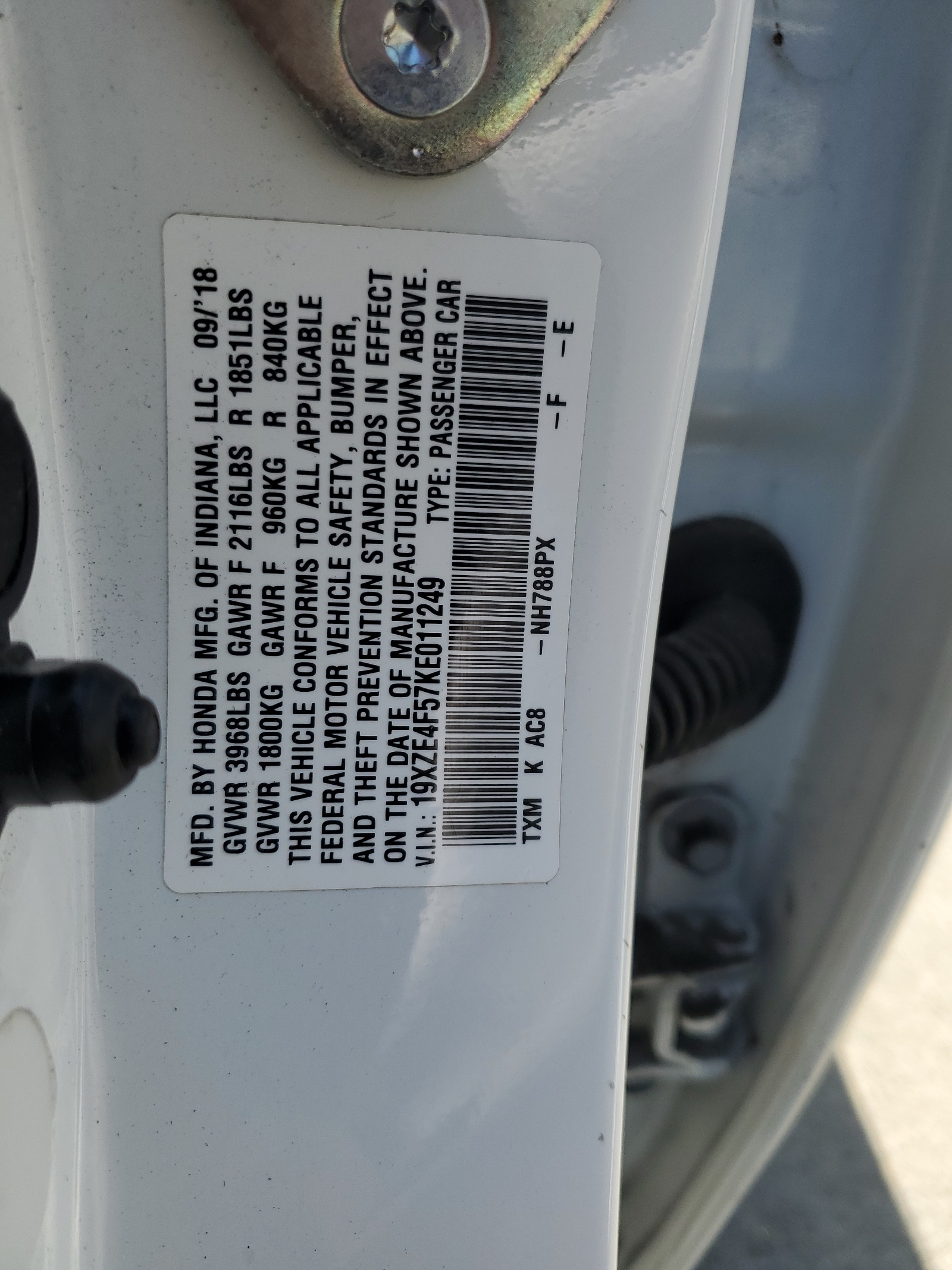 19XZE4F57KE011249 2019 Honda Insight Ex