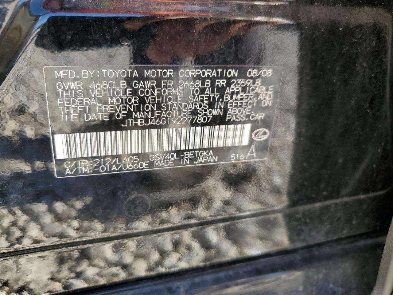 2009 Lexus Es 350 VIN: JTHBJ46G192277807 Lot: 62505304