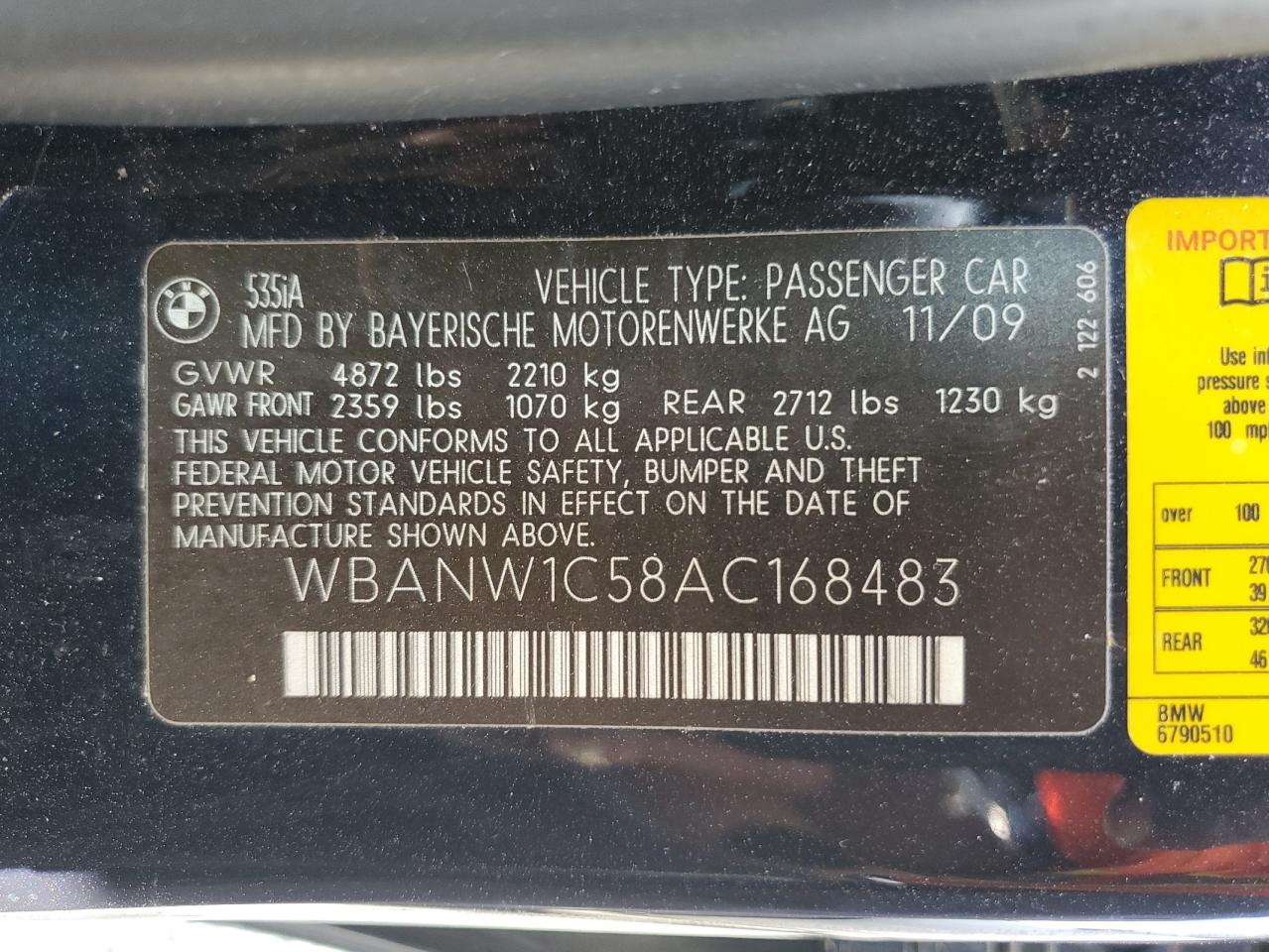 2010 BMW 535 I VIN: WBANW1C58AC168483 Lot: 62653424