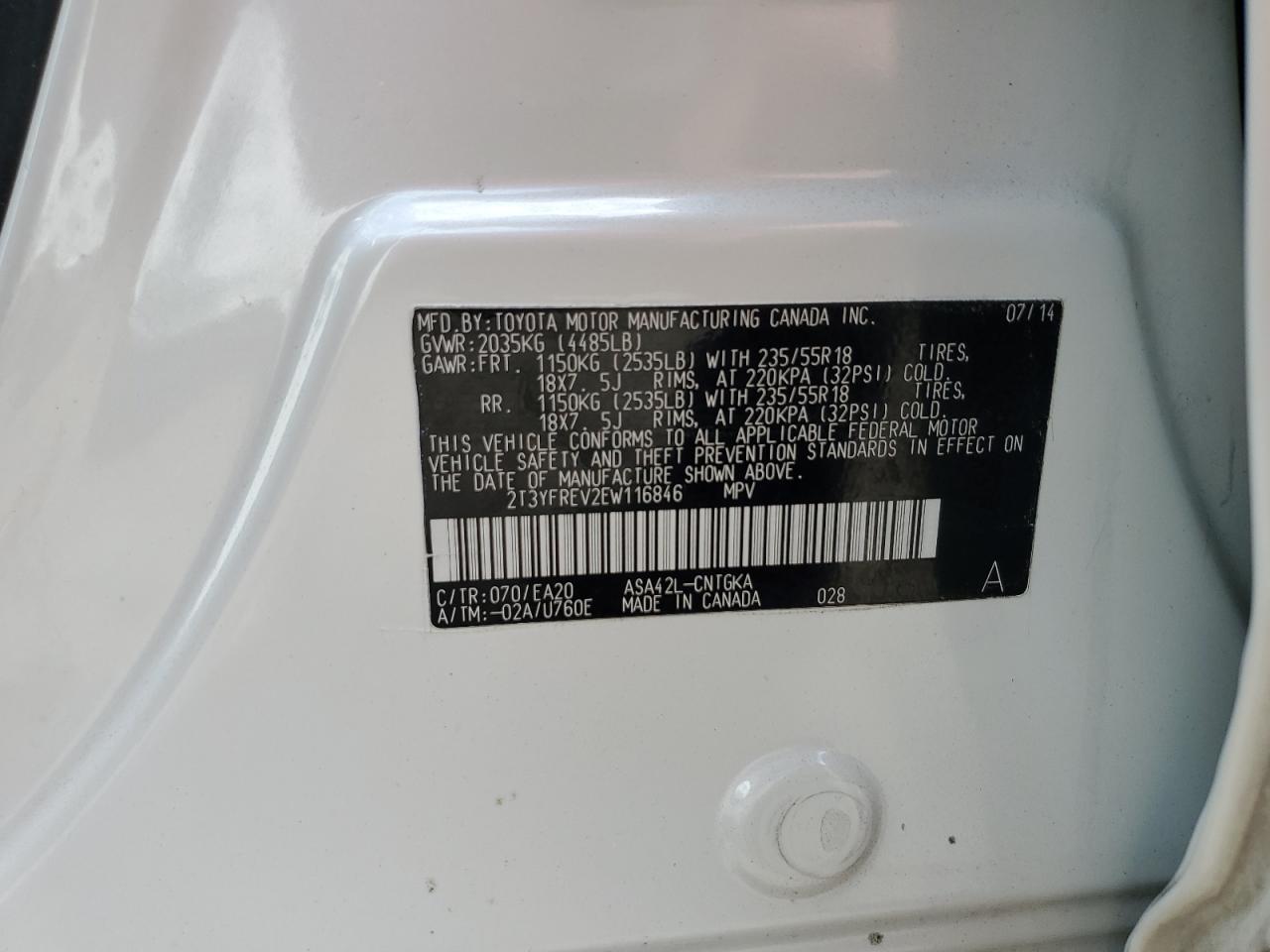 2014 Toyota Rav4 Limited VIN: 2T3YFREV2EW116846 Lot: 64464734