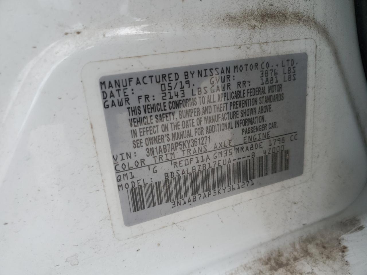 2019 Nissan Sentra S VIN: 3N1AB7AP5KY361271 Lot: 61827214