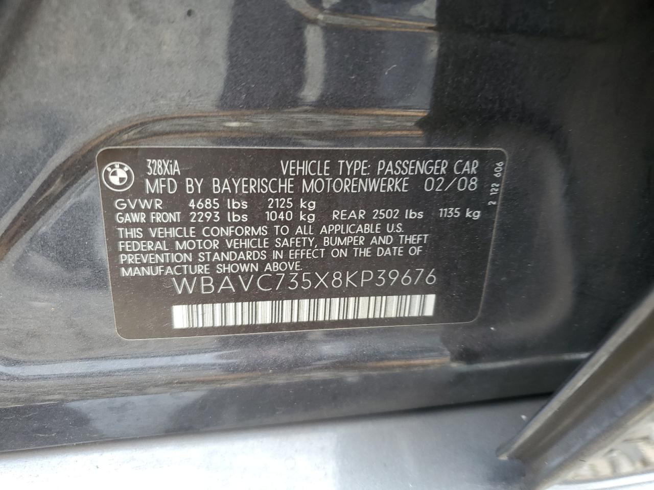 2008 BMW 328 Xi Sulev VIN: WBAVC735X8KP39676 Lot: 65143074