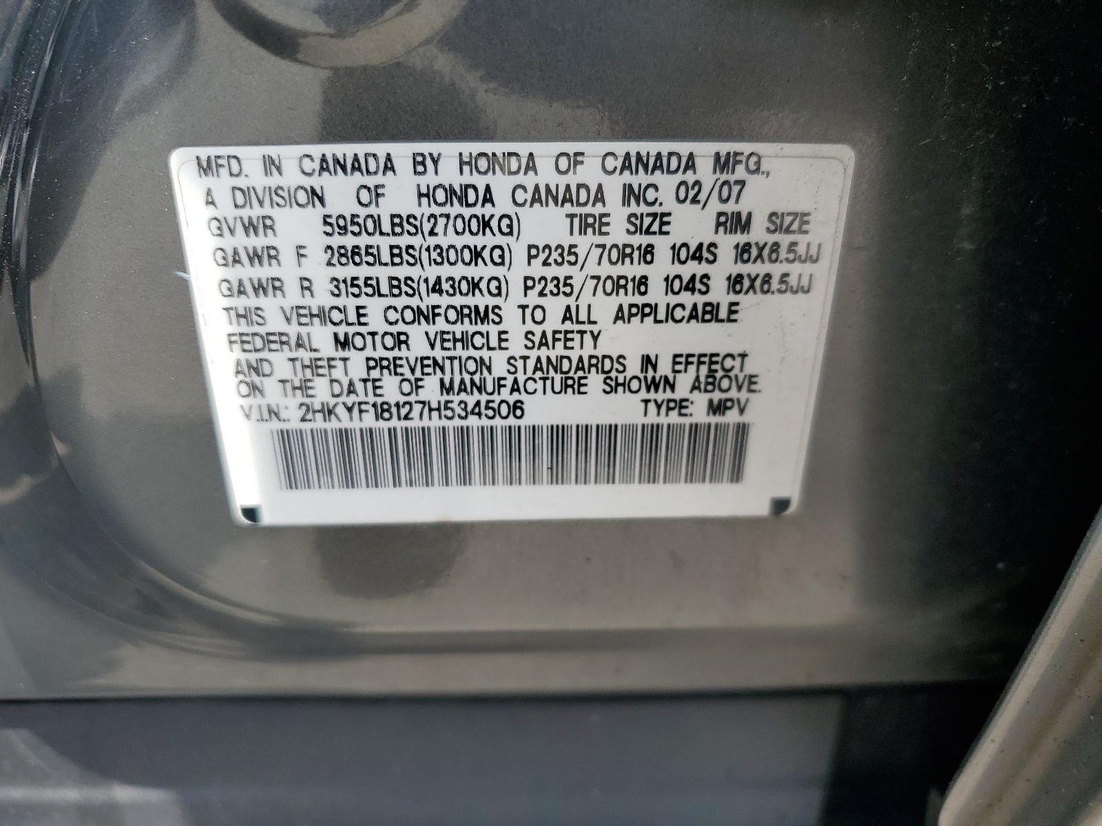 2HKYF18127H534506 2007 Honda Pilot Lx